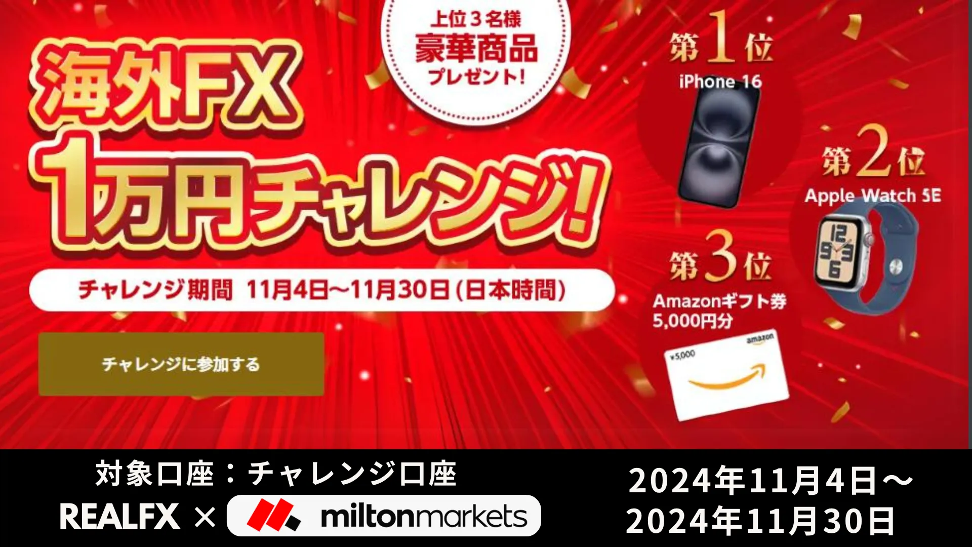 MiltonMarkets1万円チャレンジの参加方法と注意事項まとめ！iPhone16など豪華景品をGETしよう - REALFX｜海外FX情報ナビ
